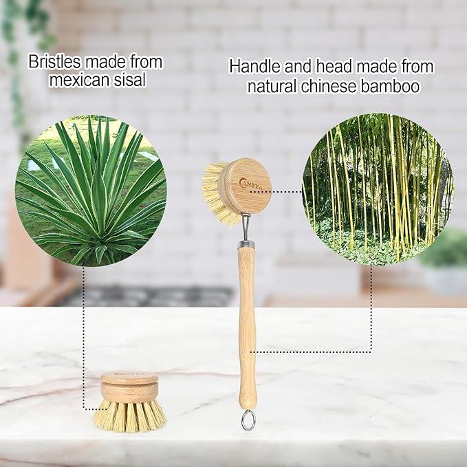 Bamboo Dish Brush with Handle - Soft Bristle, Eco-Friendly Vegetable Brush Scrubber for Food, Compostable & Sustainable, Bamboo Scrub Brush for Dishes, Pots and Pans