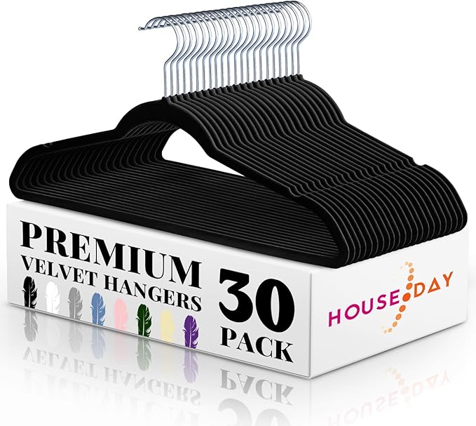 HOUSE DAY Premium Velvet Hangers 30 Pack Black, Non-Slip Flocked Felt Hangers, Sturdy Clothes Hanger with 360° Rotatable Hook, Heavy Duty Durable Slim Coat Hanger for Closet Space Saving