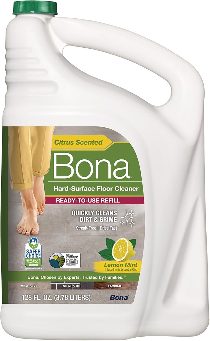 Bona Multi-Surface Floor Cleaner Refill - 128 fl oz - Lemon Mint - Residue-Free Floor Cleaning Solution refill for Spray Mop and Spray Bottles - For Use on Stone, Tile, Laminate, and Vinyl Floors