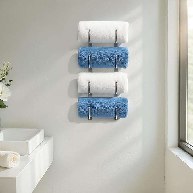 Bathroom Rolled Towel Rack: 4-Tier Wall Mounted Towel Storage Holder, Hanging Organizer for Towels, Blankets, Large Bath Sheets, Space Saving in RV, Closet, Toilet, Cabinet, Silver