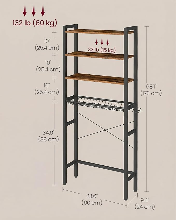 VASAGLE Over the Toilet Storage, Over Toilet Bathroom Organizer with Adjustable Shelves and Basket, 3 Hooks, Space Saving, 9.4 x 23.6 x 68.1 Inches, Rustic Brown UBTS114KD01S