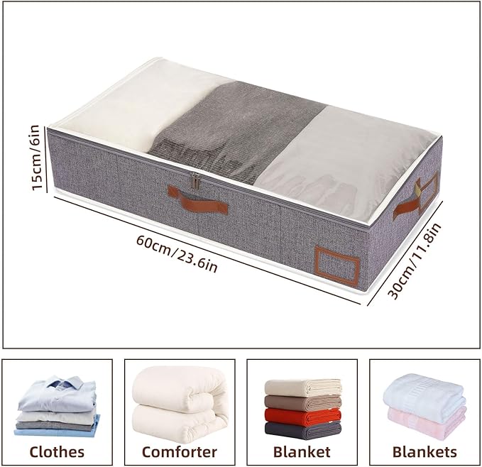 Yawinhe Under Bed Storage, 4 Pack Closet Organizers, Collapsible Container Bags, with Sorting Card Slot and 4 Leather Handles, for Blanket, Bedding, 23.6''Lx11.8''Wx6''H, Grey