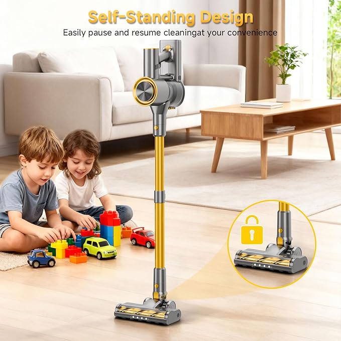 Shieal Cordless Stick Vacuum Cleaner - 45KPA Powerful Suction Vacuum with 45 Min Runtime, Detachable Battery, Anti-Tangle & 1.5L Dust Cup, 8 in 1 Vacuum Cleaner for Pet Hair, Carpet, HardFloor, Yellow