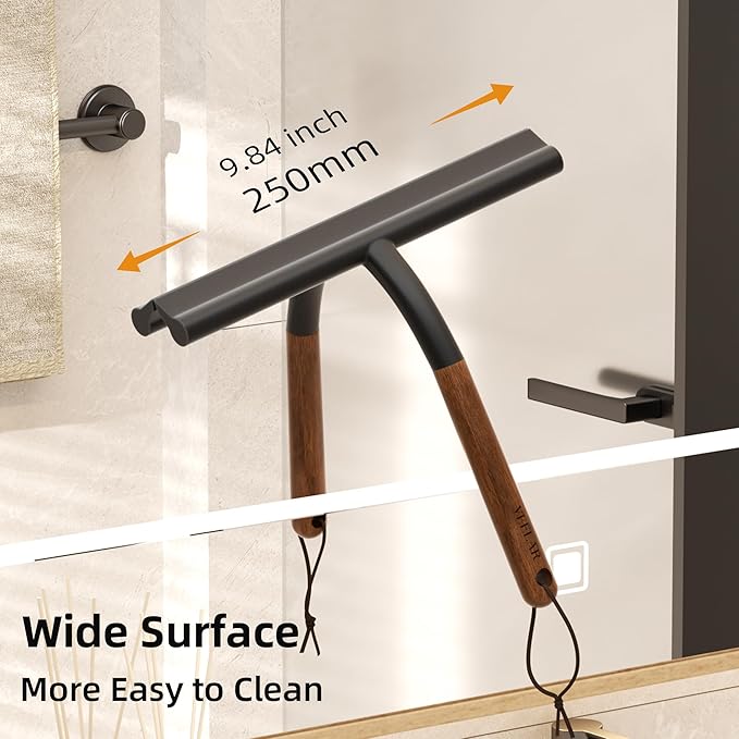 Shower Squeegee for Shower Glass, Bathroom Glass Cleaning Tool with Hook Mount, Squeegee for Glass Doors, Window Cleaning, Tile Shower Walls (Black+Wood)