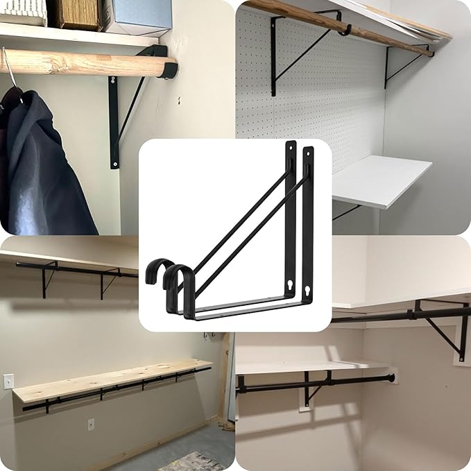 6 Pack Black Closet Rod Bracket 11 x 11 Inch, Heavy Duty Closet Shelf Brackets with Rod Shelving Support,Wall Mount Closet Rod Support Bracket with Screws,Supports 300 lbs