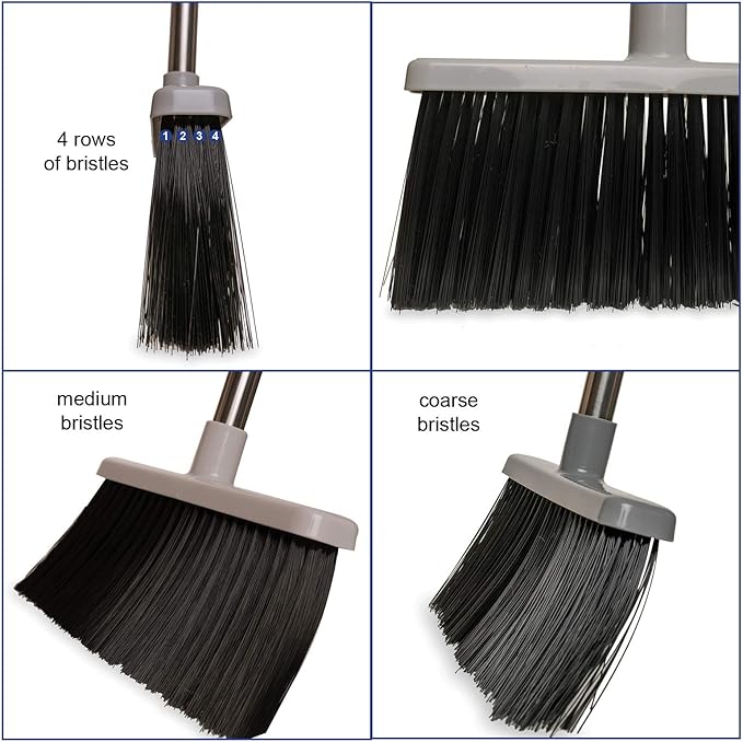 BristleComb Outdoor Broom & Dustpan Set Upright, 49" Long Adjustable Broom, Long Handle, Self-Cleaning Comb & 2 Interchangeable Heads of Different Stiffness - Medium and Coarse