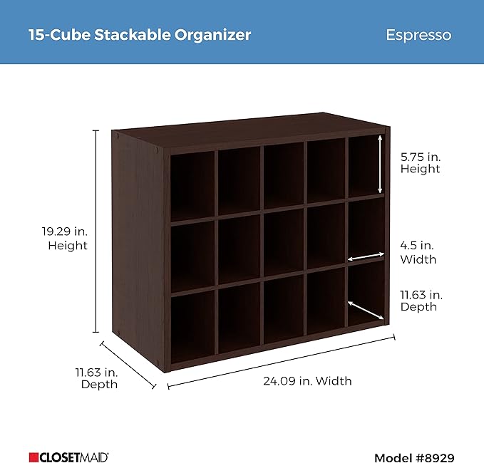 ClosetMaid 15 Cube Stackable Storage Organizer for Shoes, Bags, Crafts, Hobbies with Wood Shelves, for Closet, Entryway or Mudroom, Espresso