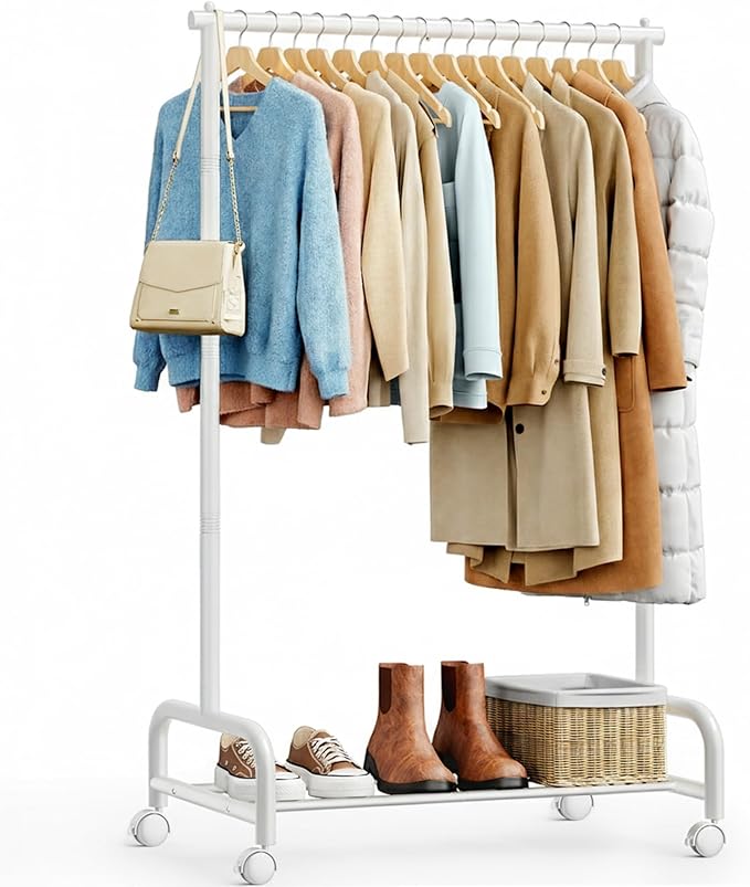 SLEEPING LAMB Heavy Duty Clothing Racks for Hanging Clothes, Small Rolling Clothes Rack with Wheels, Sturdy Garment Wardrobe Rack for Bedroom, Laundry Room, White
