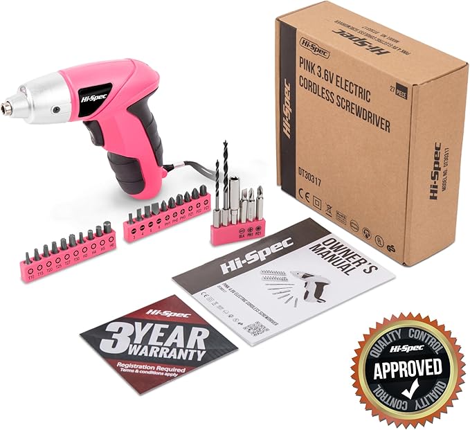 Hi-Spec Small Electric Screwdriver, Mini Drill Set, Rechargeable 3.6V Cordless Screwdriver with 26 Driver Bits, Power Tool for Small Projects & Home Use, Pink