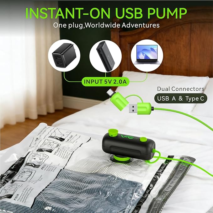 Vacuum Bags for Travel - USB Electric Pump, 15 Pack Carry-on Size Vacuum Seal Bags for Clothing - Space Saver Vacuum Storage Bags for Luggage, Travel Essentials.