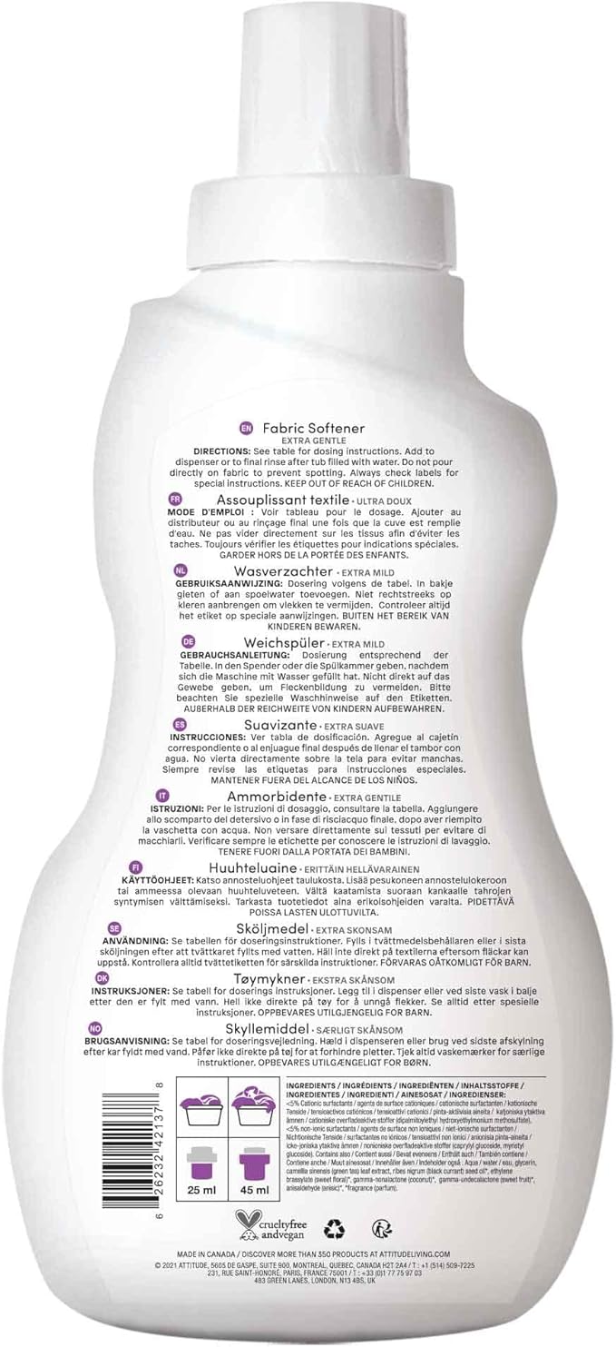 ATTITUDE Baby Fabric Softener, Hypoallergenic, Non-toxic, ECOLOGO Certified, Fluid Ounce, 40 Loads 33.8 Fl Oz Sweet Lullaby (42137) (Pack of 2)