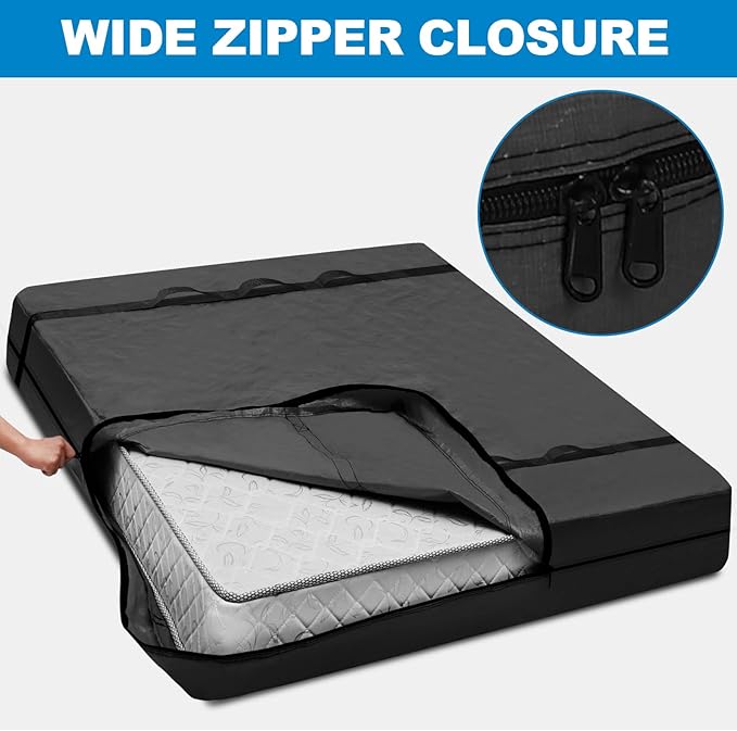 TICONN Mattress Bags for Moving, Heavy Duty Full XL Mattress Cover Storage Bag with Full-Around Handle and Adjustable Buckles (Black, Full XL)
