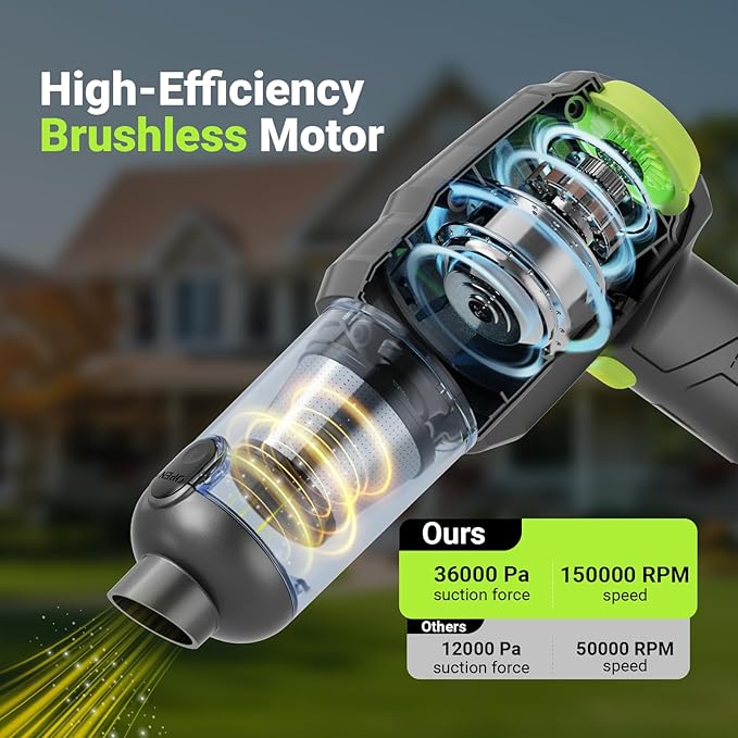 Cordless Car Vacuum Cleaner, 36000PA High Power Suction, 120W Portable Handheld Vacuum with 2×3.0Ah Batteries, Multi-Nozzle Air Duster for Car, Home, Office, Pet Hair (Black)