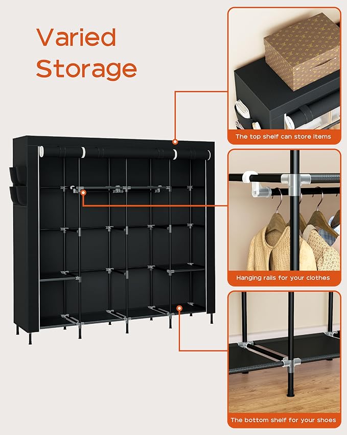 CASAMAYA Portable Closet, 66.9 Inch Large Capacity Wardrobe Closet with Cover, Clothes Storage Organizer with Shelves and 4 Hanging Rods, Easy to Assembly, Black PCT204B01