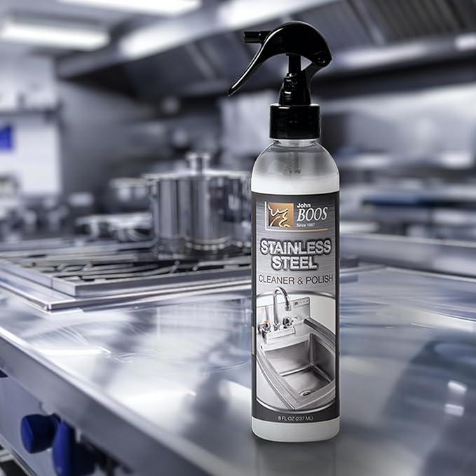 John Boos Stainless Steel Cleaner with Fine Mist Spray, Lavender Scent, 8 oz - Streak-Free Cleaning Polish & Stain Remover for Stoves, Ovens, Sinks, & Kitchen Surfaces
