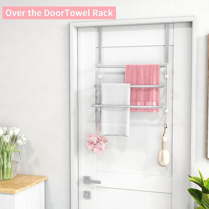 Over The Door Towel Rack,Towel Rack with Hooks for Door Hanging, Door Towel Bar, Over Door Towel Racks for Bathroom (Brush Nickel)