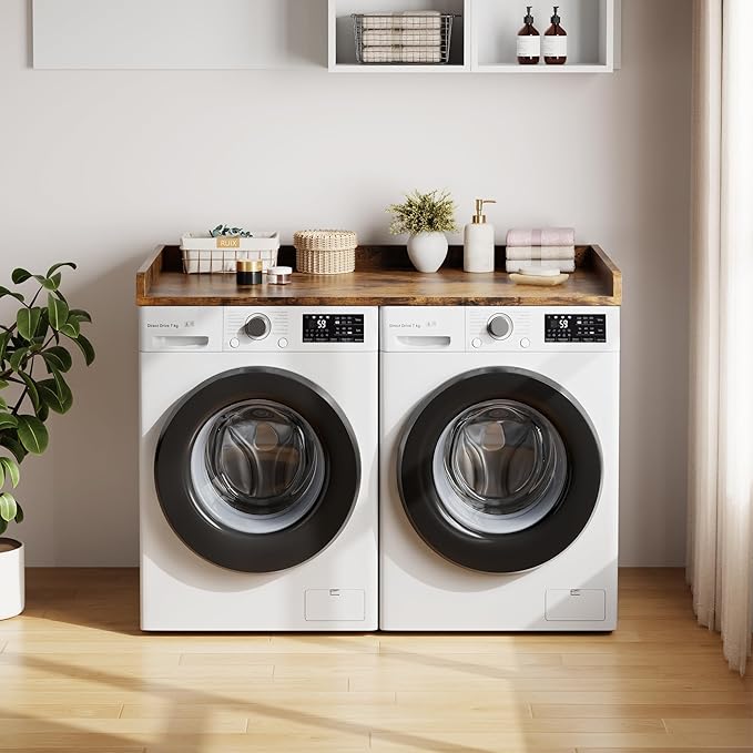 Washer Dryer Countertop, 54.3" x 27.6" Wooden Laundry Countertop with Edge Rails, Washer and Dryer Topper for Laundry Room Organization and Storage