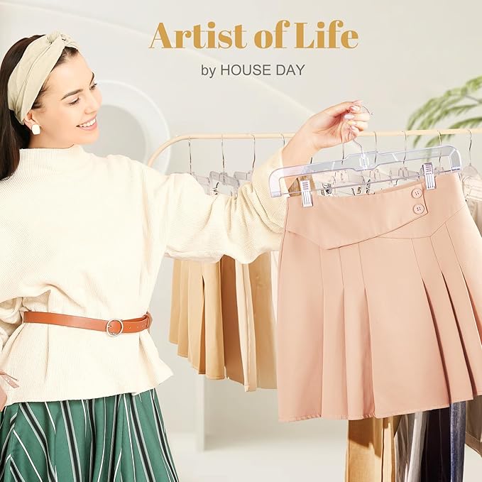 HOUSE DAY 50 Pack Skirt Hangers Pant Hangers with Clips, Clear Plastic Hangers for Pants, Skirts, Shorts, Versatile Use Clip Hanger, Retail Hanger