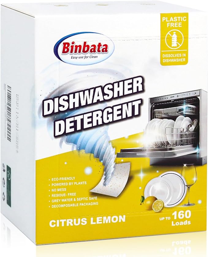 Binbata Eco Dishwasher Detergent Sheets Up To 160 Loads, Citrus Lemon Scent Plastic Free Dishwashing Soap Strips With High Efficient Solid Enzyme, Leaving Dishes Sparkling Clean