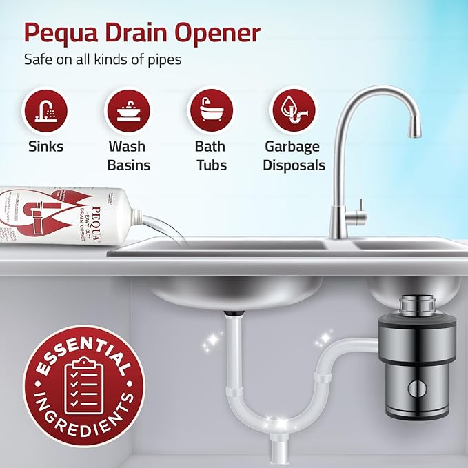 PEQUA INDUSTRIES P-10232 Pequa Heavy Duty Drain Opener, Non-Acid, Fast-Acting Formula, Industrial strength Drain Cleaner for Sinks, Tubs, Septic Tanks - 32 Oz (Pack of 2)