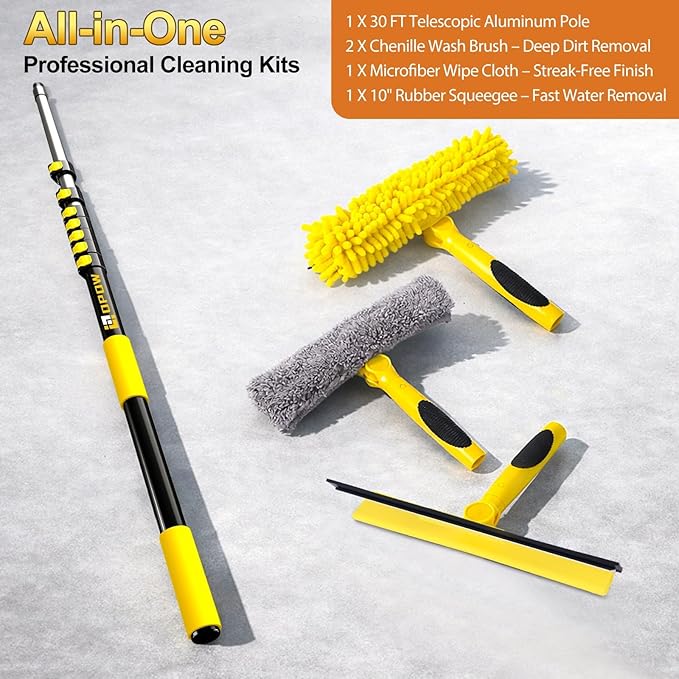 36FT High Reach Window Squeegee with Extension Pole, 2-1 Window Washing Kit with 8-Stage Telescopic Pole & Rotatable Head, No-Ladder Window Cleaner for High Window, Solar Panel, RV & Outdoor Glass