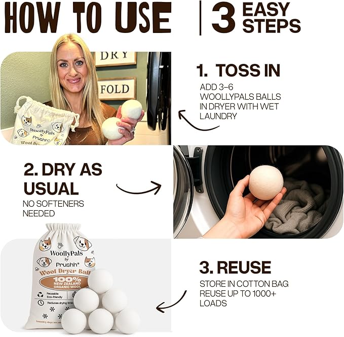 WoollyPals Dryer Balls (6-Pack, XL Size) - 100% New Zealand Wool - No More Dryer Sheets - Eco Dryer Balls - Reusable - Softens Laundry - Reduces Drying Time & Static - with Storage Bag (Plain White)