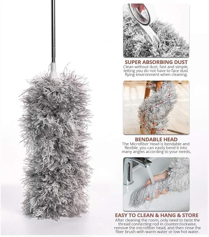 Webster Cobweb Duster, Feather Duster for Home, Extendable Dusters for Cleaning High Ceiling Fans, Hand Wall Duster, Long and Washable Dust Brush Gray