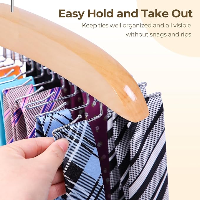 Tie Rack Hanger for Closet: Ohuhu 2 Packs 24 Folding Hooks Tie Hangers for Men Wooden Tie Holder Organizer Space Saving Necktie Storage 360 Degree Rotating Ties Belts Scarves Tank Tops-Burlywood