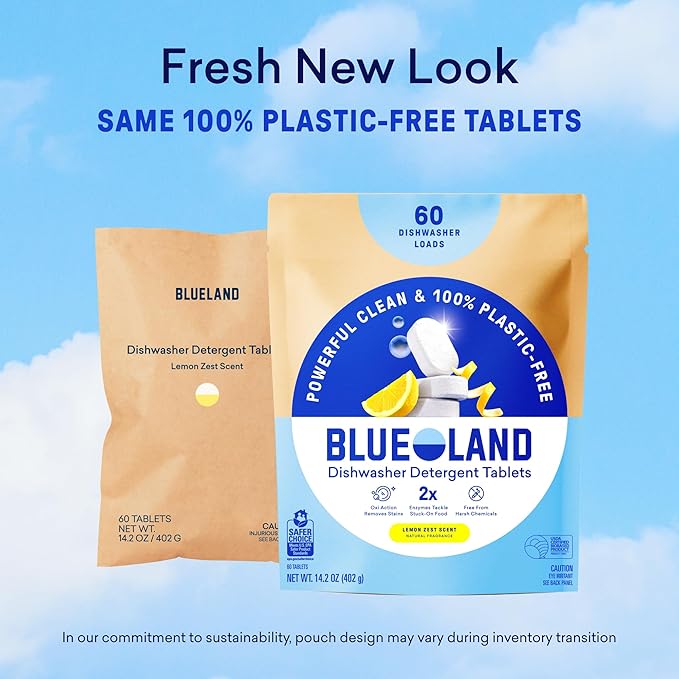 BLUELAND 100% Plastic-Free Dishwasher Detergent Tablets, Starter Set, 60 Count with tin, Lemon Zest, Eco-Friendly Dishwashing Pods, Natural, USDA Certified biobased