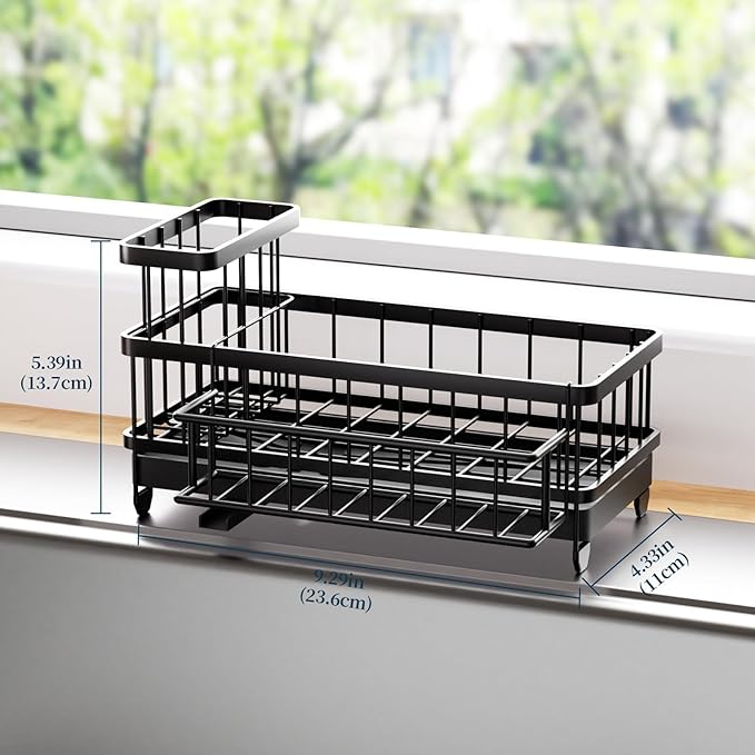 Consuemst Sponge Holder for Kitchen Sink - Auto Draining Sink Caddy Organizer with Detachable Rack, High Brush Holder, Kitchen Countertop Storage Accessories, Black