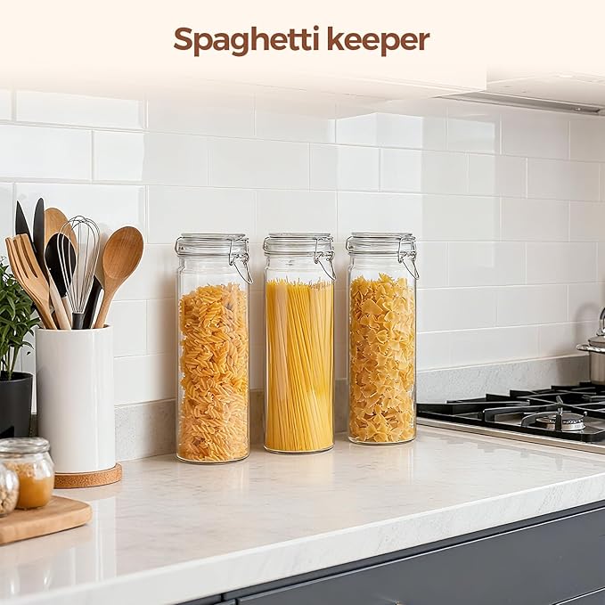 ComSaf 3-Pack 68oz 13-Inch Tall Glass Pasta Containers for Spaghetti & Long Pasta, Slender Airtight Canisters for Vertical Pantry Organization, Food Storage Jars for Linguine & Breadsticks