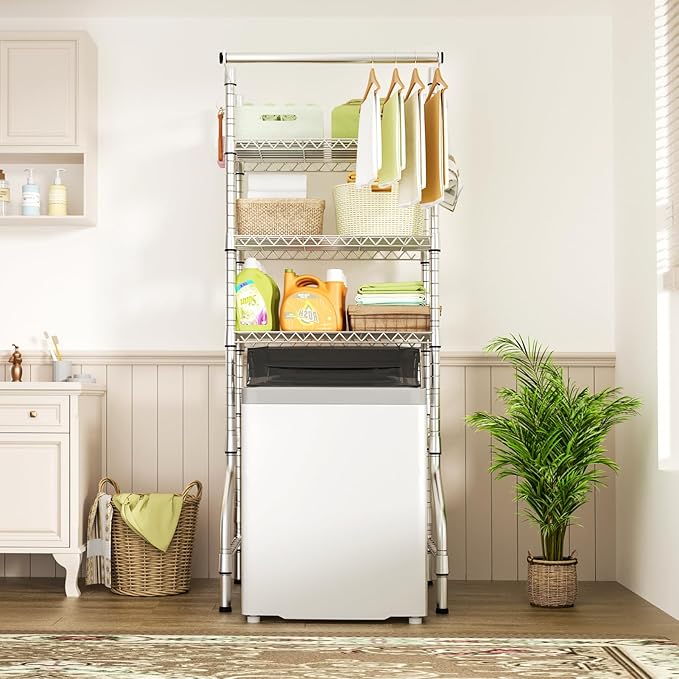 Ulif U11 Mini Over Washer and Dryer Shelves, 3 Tiers Laundry Room Storage and Organizer Standing Shelf, Metal Freestanding Clothes Drying Rack, 28.3" W x 19.7" D x 77.6" H, Chrome