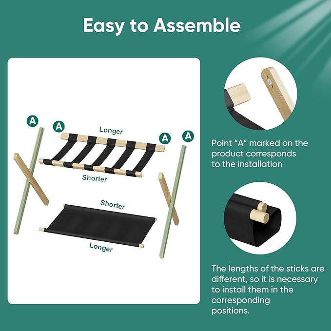 Smuxee Natural Bamboo Luggage Rack for Guest Room, Foldable Suitcase Stand with Storage Shelf, Easily Assembled Luggage Stand with 5 Nylon Straps for Guest Room Bedroom Hotel