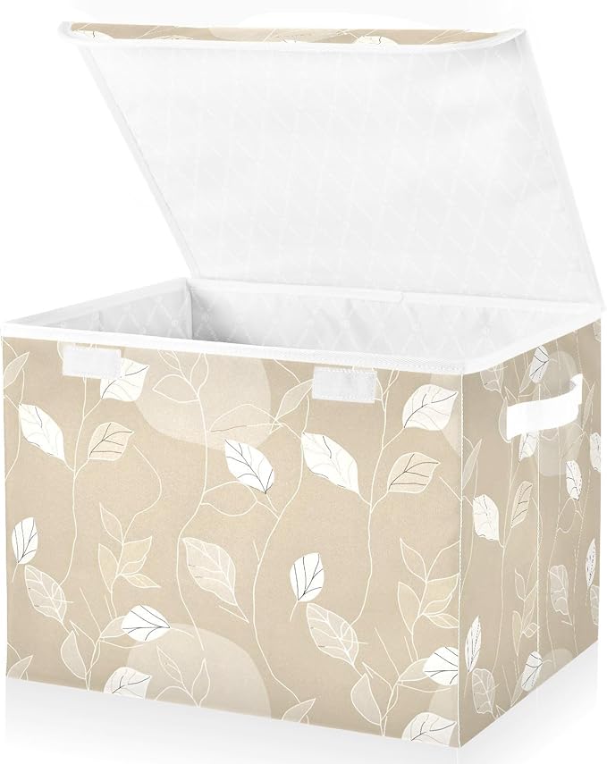 Large Storage Bins with Linen Collapsible Foldable Storage Cubes Fabric Closet Organizer Containers box with Flip-Top Lid for Home Bedroom Office 16.7 x 12.6 x 11.8in (White Line Leafs Ink Beige)