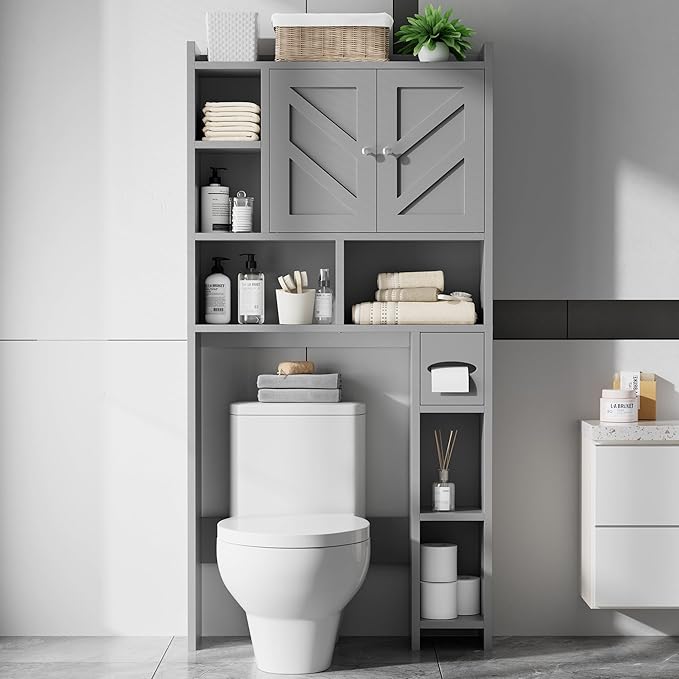 Meilocar Over the Toilet Storage Cabinet, Freestanding Farmhouse Storage Cabinet Over Toilet, Bathroom Organizer with Paper Holder Stand and Adjustable Shelf, Grey