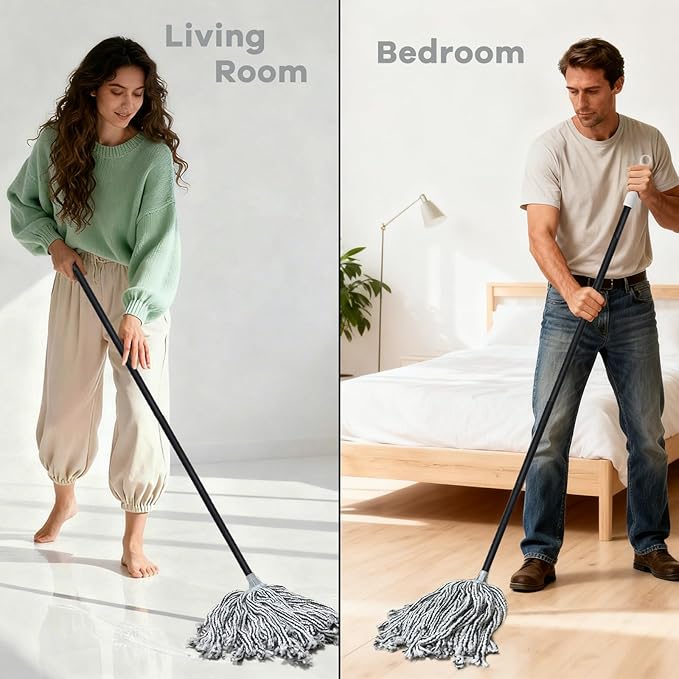 Indoor Mop for Floor Cleaning - Cotton Mops for Floor Cleaning, Regular Mop for Floors, 52-inch Simple Mops for Cleaning Living Rooms, Bathrooms, and Kitchens. (White&Grey)
