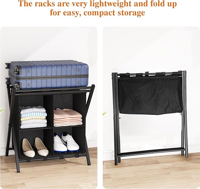 aboxoo Luggage Rack with storage, Guest Room Folding Suitcase Stands, Holds up to 120 lb, Space Saving Suitcase Holders for guest room, Bedroom Hotel, Black