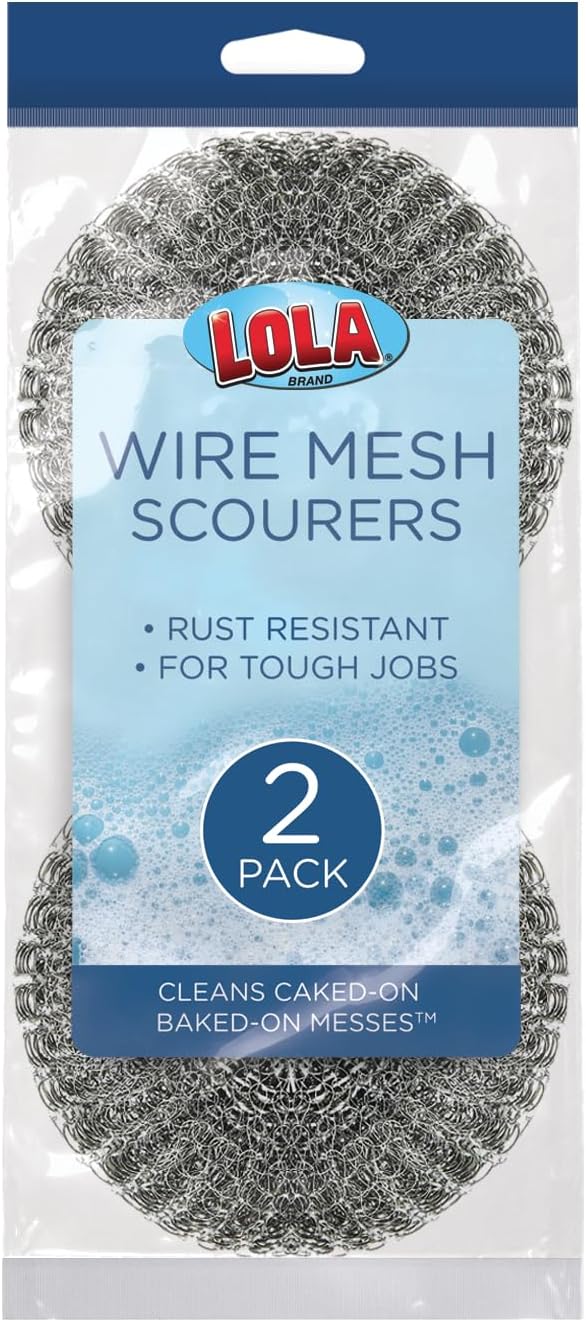 LOLA Steel Wool Wire Mesh Scouring Pad, 2 Pack, Galvanized Steel Knitted, Heavy Duty, Abrasive Scrubber, Powerful for Pots, Pans, Ovens, Grills