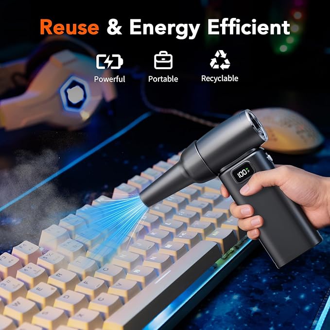Compressed Air Duster, Electric Air Duster with 6-Gear Adjustable Speed & 6000mAh Battery, LED Light for Effortless Cleaning of Computer, Keyboard, Camera, Car, Home Office (Up to 80,000 RPM)