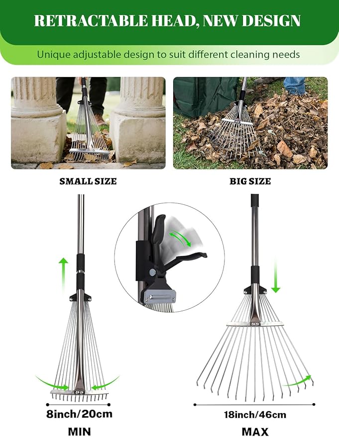 Adjustable Metal Leaf Rake Set Garden Rake for Leaves Long Handle 37"-63" Expandable Head Gardening Tools Set Includes 44 Gallon Bag & Scoop & Gloves Rakes for Lawns Heavy Duty for Yard Lawn Garden