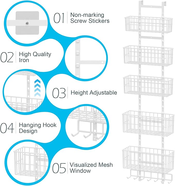 Hongtamoya Over The Door Organizer, Hanging Door Organizer with 5 Metal Baskets, Behind The Door Storage for Pantry Closet Bedroom Bathroom Cabinet Kitchen, White