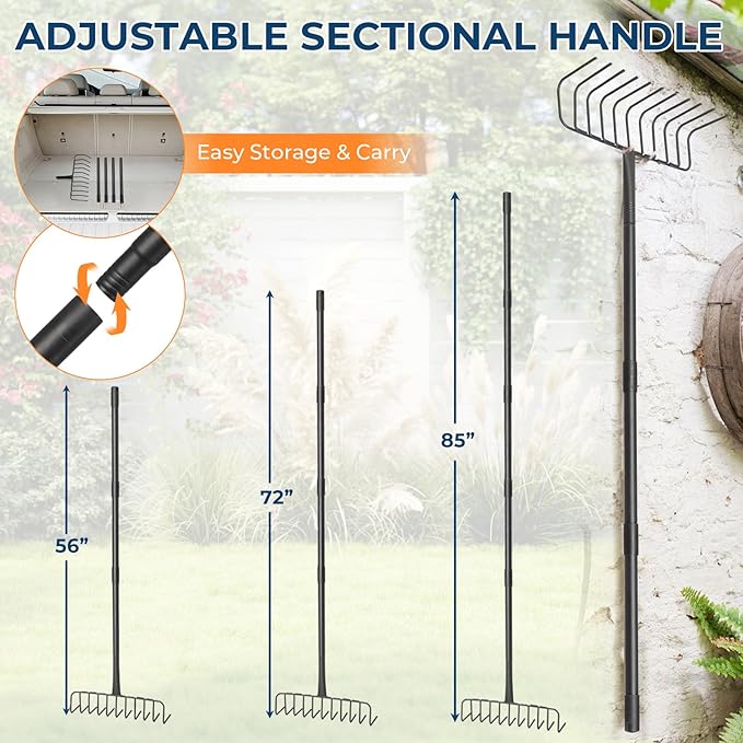 85" Adjustable Rake with 16" Wide Lightweight L-Shaped Head - No-Bend Gardening Tool for Hay, Leaves, and Mulch - Comfortable Metal Rake to Prevent Back Pain