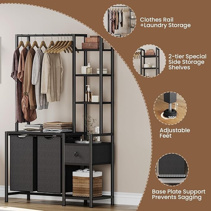 Creso hom Laundry Hamper with Shelf, 5 Tiers Tall Laundry Basket Sorter with 2 Pull-Out and Removable Bags, Clothes Rack with Laundry Sorter for Laundry Room Bathroom Bedroom, Black