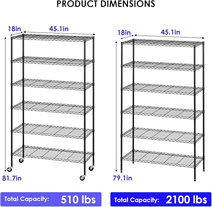 FDW | 6-Tier Wire Storage Shelves with Wheels | 45"x18"x82" | Black | Adjustable Racks | Heavy-Duty Metal Shelf, Holds Upto 2100 lbs | Tool-Free Assembly, Rust-Resistant | for Home & Garage Shelving