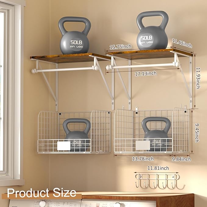 DAOUTIME 2 Set Laundry Room Wall Mounted Shelves With Wire Storage Baskets, Over Washer and Dryer With Hanging Rods and Hooks, for Organization and Storage, White, Wooden