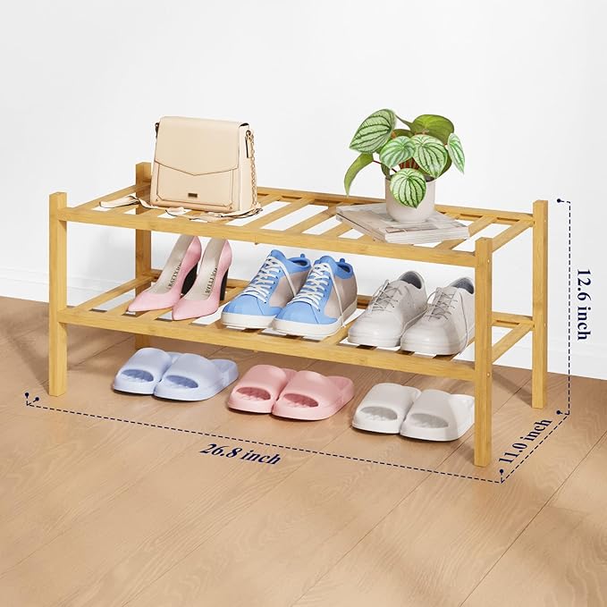 Kitsure Bamboo Wooden Shoe Rack for Closet - Stackable Shoe Organizer with Modular Structure, Space-Saving Shoe Shelf for Entryway, Living Room, Bedroom, 26.8" Wide - 2 Tiers, Natural