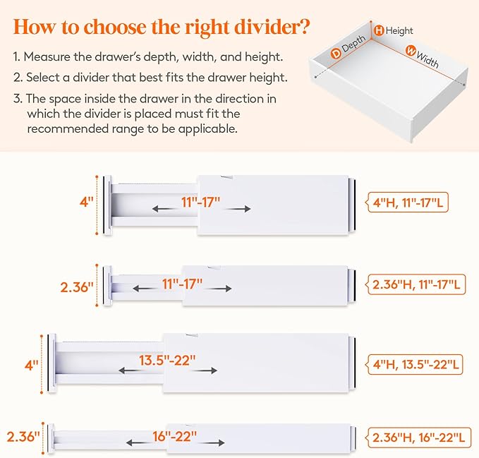 Lifewit 20 Pack 4" High Drawer Dividers 28-43.5cm/11-17" Adjustable Drawer Organizer for Clothes/Utensils, Expandable Drawer Separator in Dresser/Kitchen/Bedroom/Office Organization & Storage White