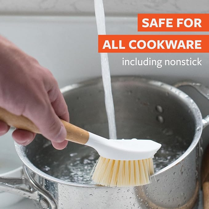 Full Circle Be Good-Bamboo Handle Dish Brush–Sustainable Kitchen Cleaning with Tough Bristles-Natural Dish Scrubber,Nonstick & Cast Iron Cleaner-Long Handle Brush for Dishes,Pots, & Pans,White-24 Pack