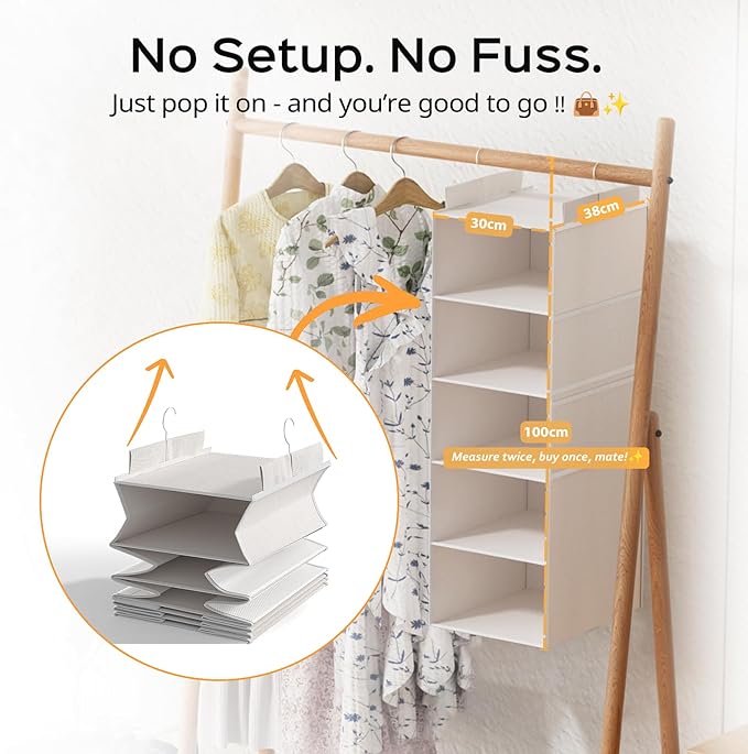 ALLTIDYUP Extra Deep Hanging Closet Organizers and Storage, 5-Tier Closet Hanging Organizer with 4 Mesh Pockets, Heavy-Duty Closet Shelves for Clothes and Hats, Ideal for Dorms and RVs, 1-Pack, White