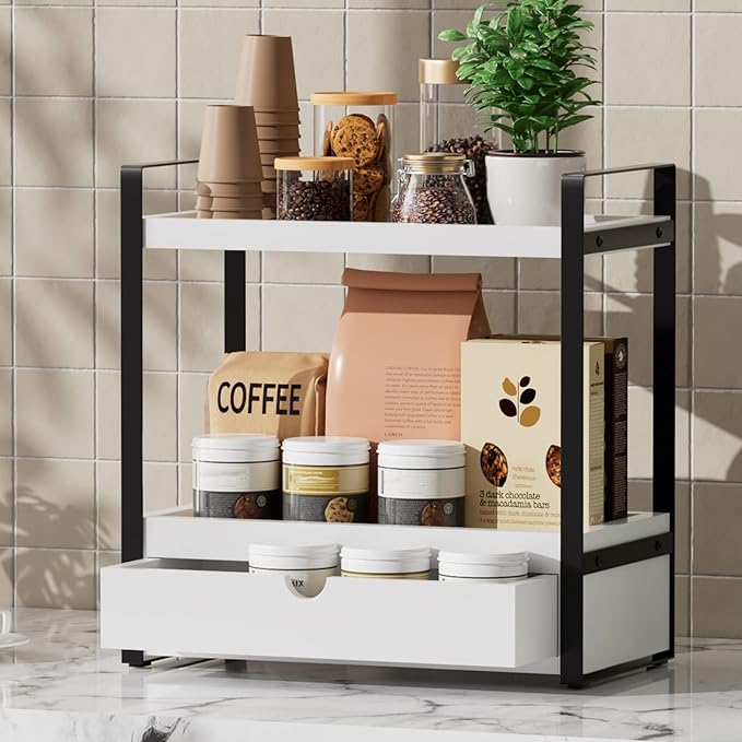 Boulphia 2-Tier Bathroom Organizer Countertop with Drawer, Wood Bathroom Counter Shelf for Storage, Vanity Organizer Countertop for Kitchen, Office
